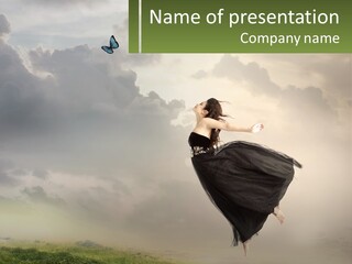 A Woman In A Black Dress Flying Through The Air PowerPoint Template
