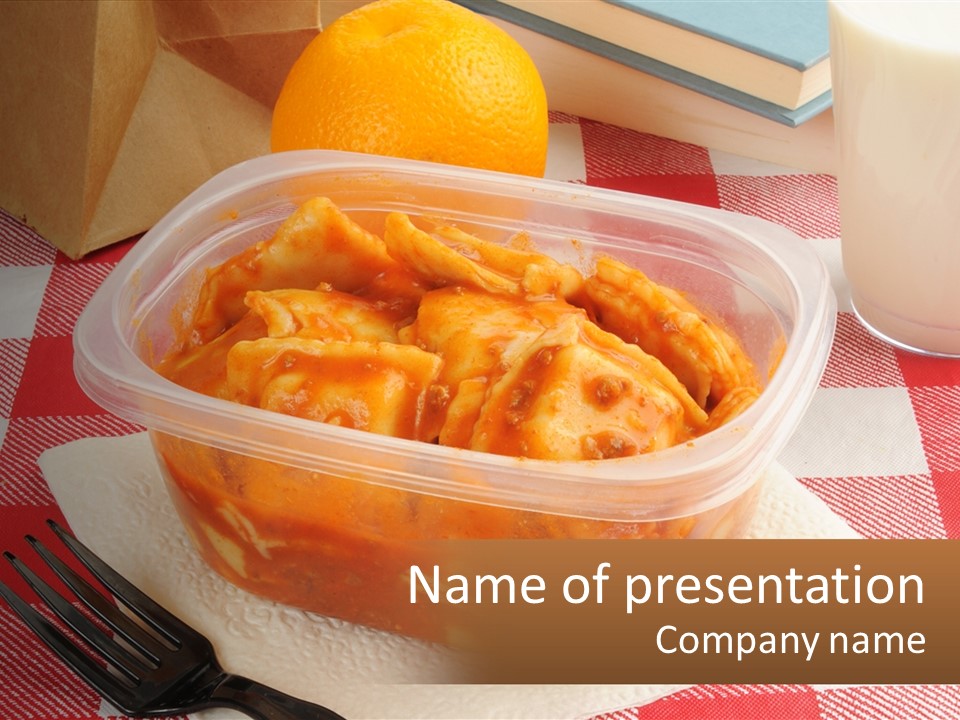 A Plastic Container Filled With Food Next To An Orange PowerPoint Template