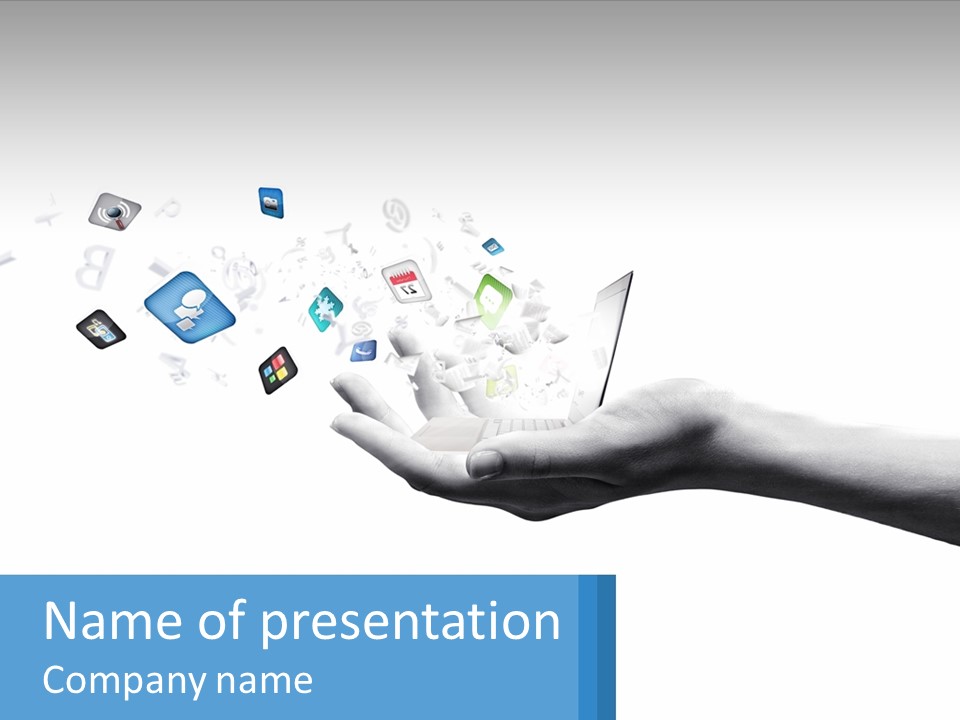 A Hand Holding A Laptop With Icons Coming Out Of It PowerPoint Template