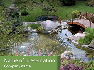 A Bridge Over A Small Pond In A Garden PowerPoint Template