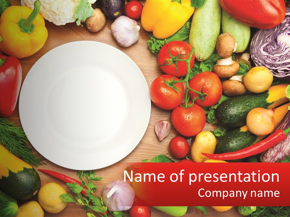 A White Plate Surrounded By Many Different Types Of Vegetables PowerPoint Template