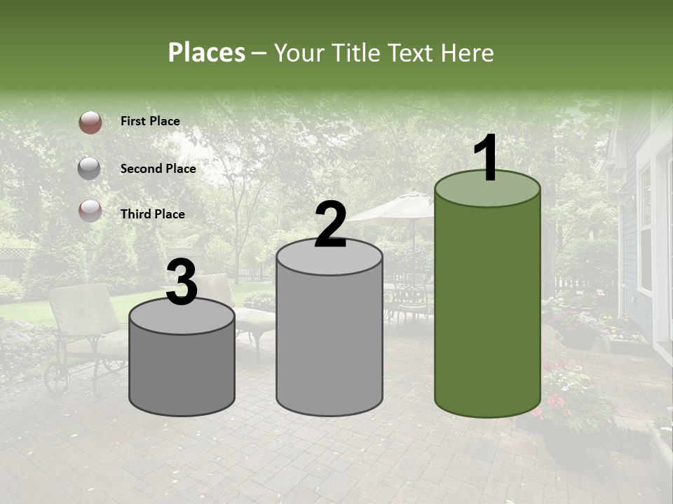 A Brick Patio With Chairs And An Umbrella PowerPoint Template