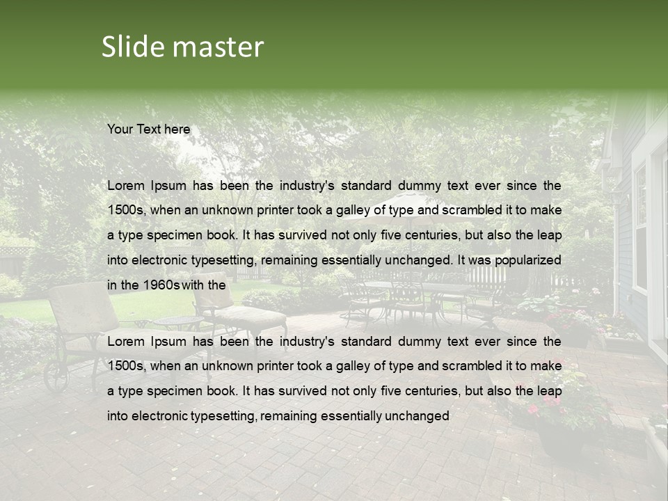 A Brick Patio With Chairs And An Umbrella PowerPoint Template