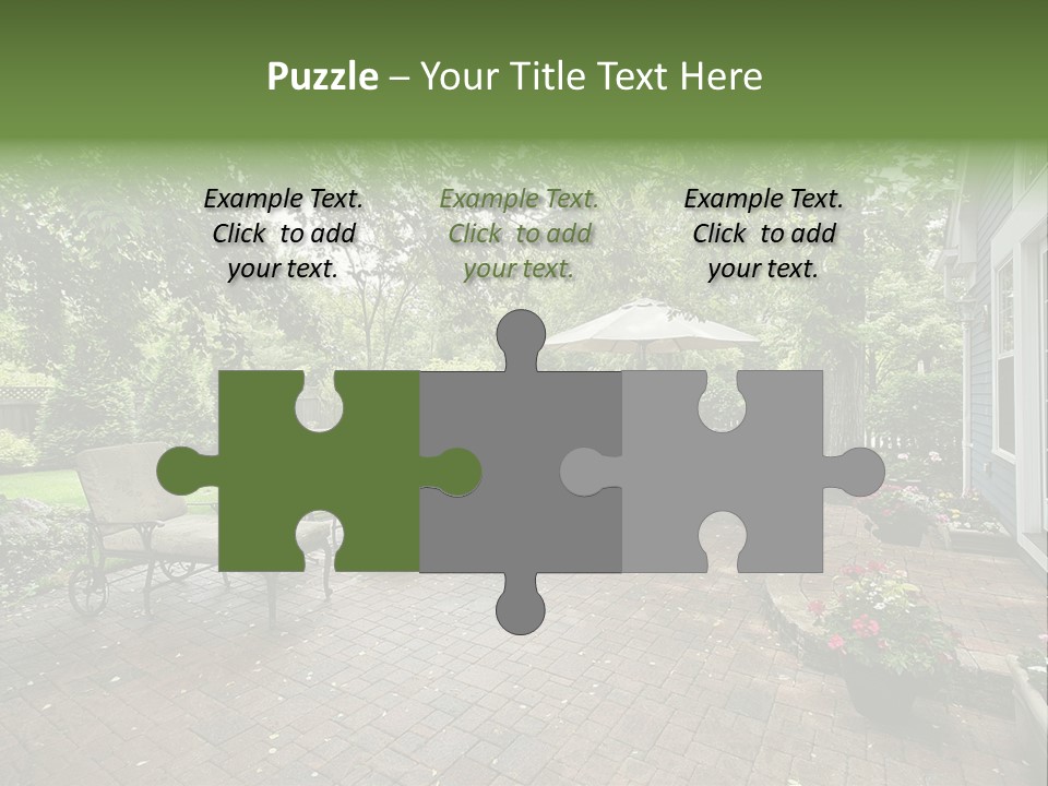 A Brick Patio With Chairs And An Umbrella PowerPoint Template