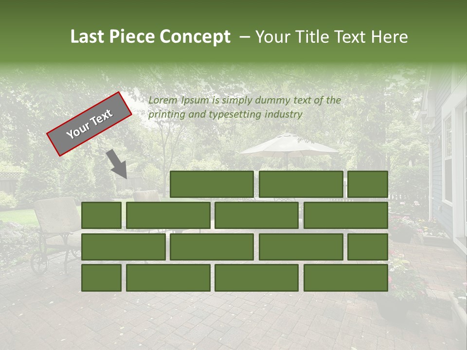 A Brick Patio With Chairs And An Umbrella PowerPoint Template