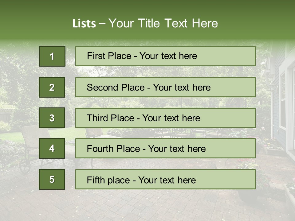 A Brick Patio With Chairs And An Umbrella PowerPoint Template