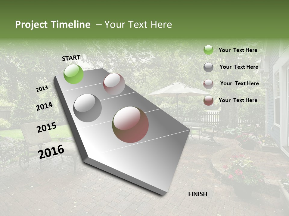 A Brick Patio With Chairs And An Umbrella PowerPoint Template