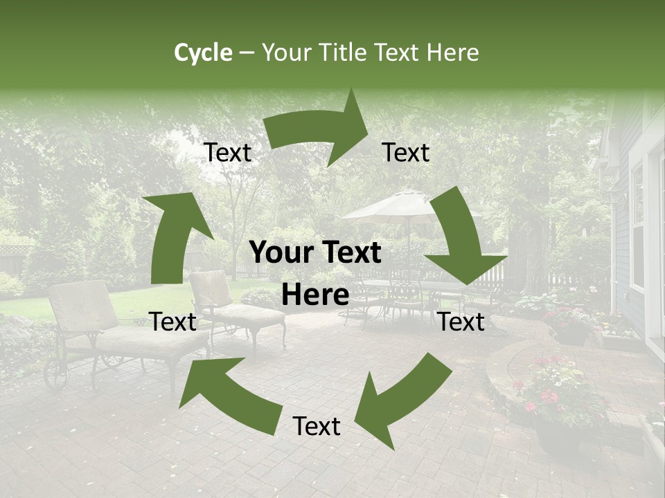 A Brick Patio With Chairs And An Umbrella PowerPoint Template