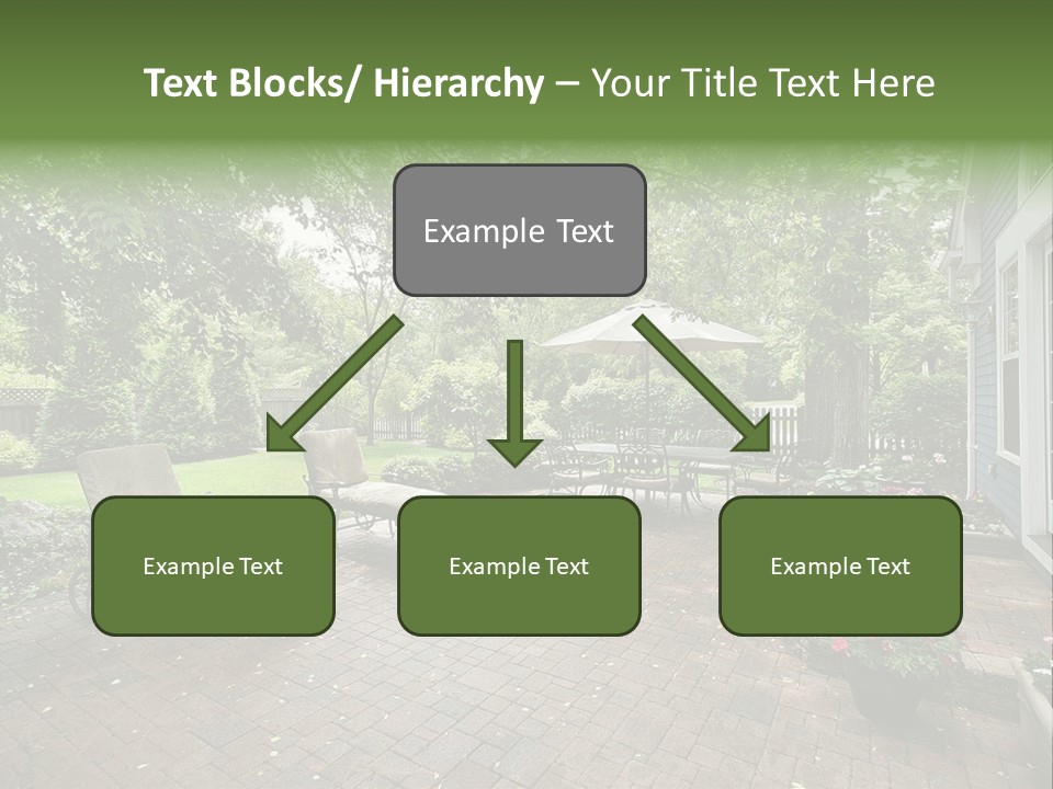 A Brick Patio With Chairs And An Umbrella PowerPoint Template