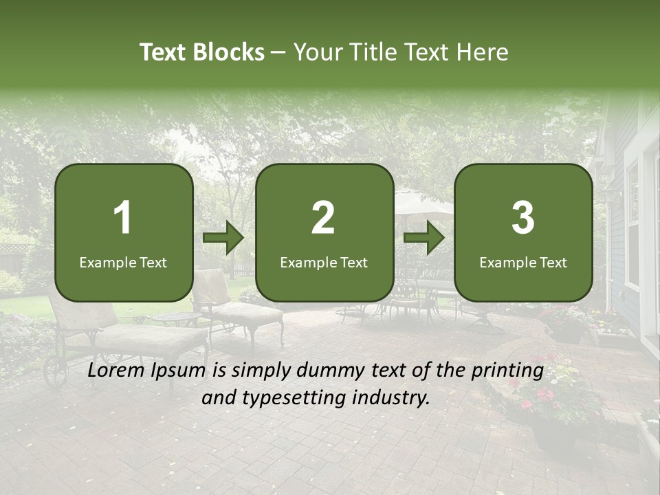 A Brick Patio With Chairs And An Umbrella PowerPoint Template