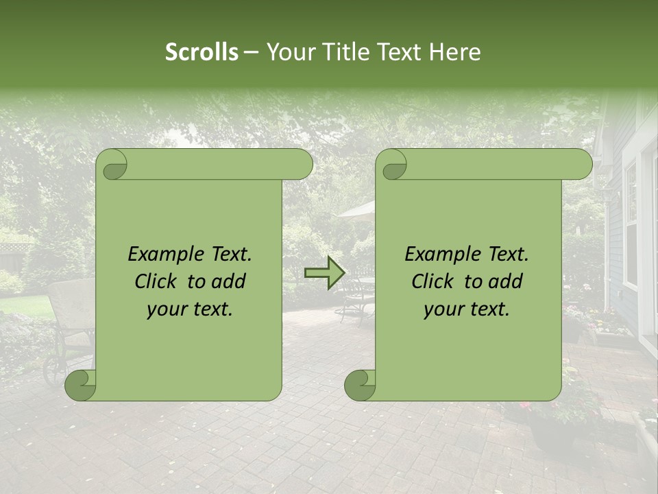 A Brick Patio With Chairs And An Umbrella PowerPoint Template
