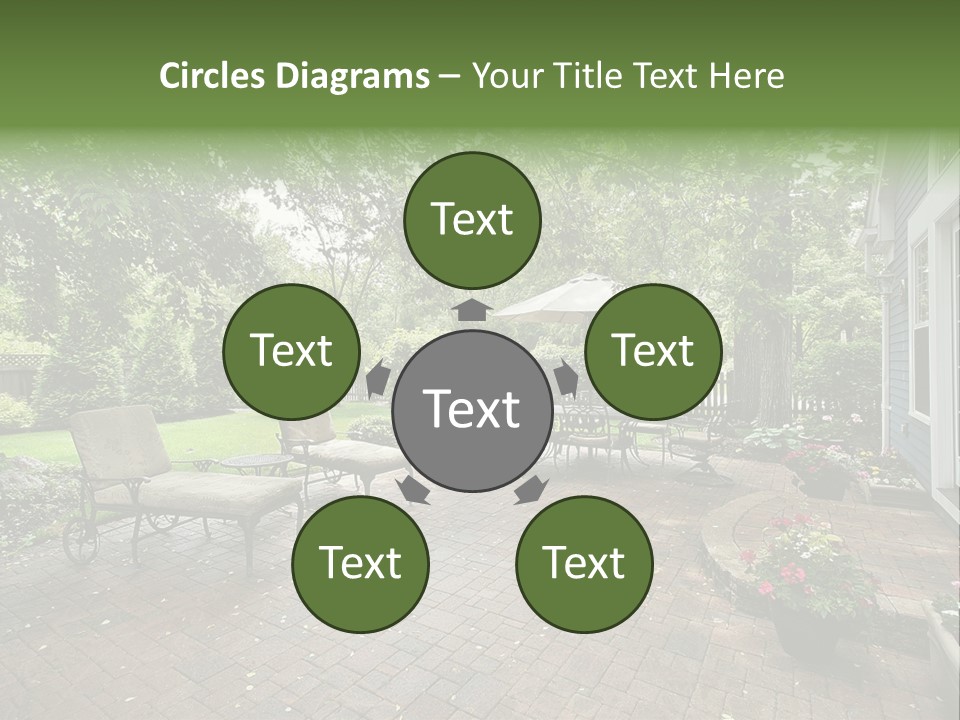 A Brick Patio With Chairs And An Umbrella PowerPoint Template