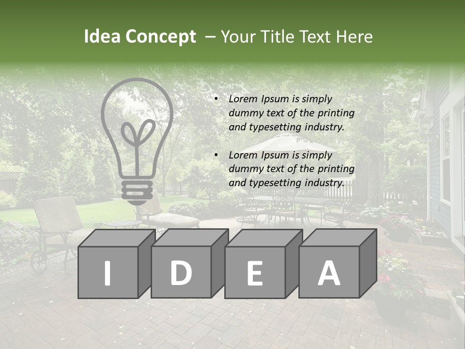 A Brick Patio With Chairs And An Umbrella PowerPoint Template