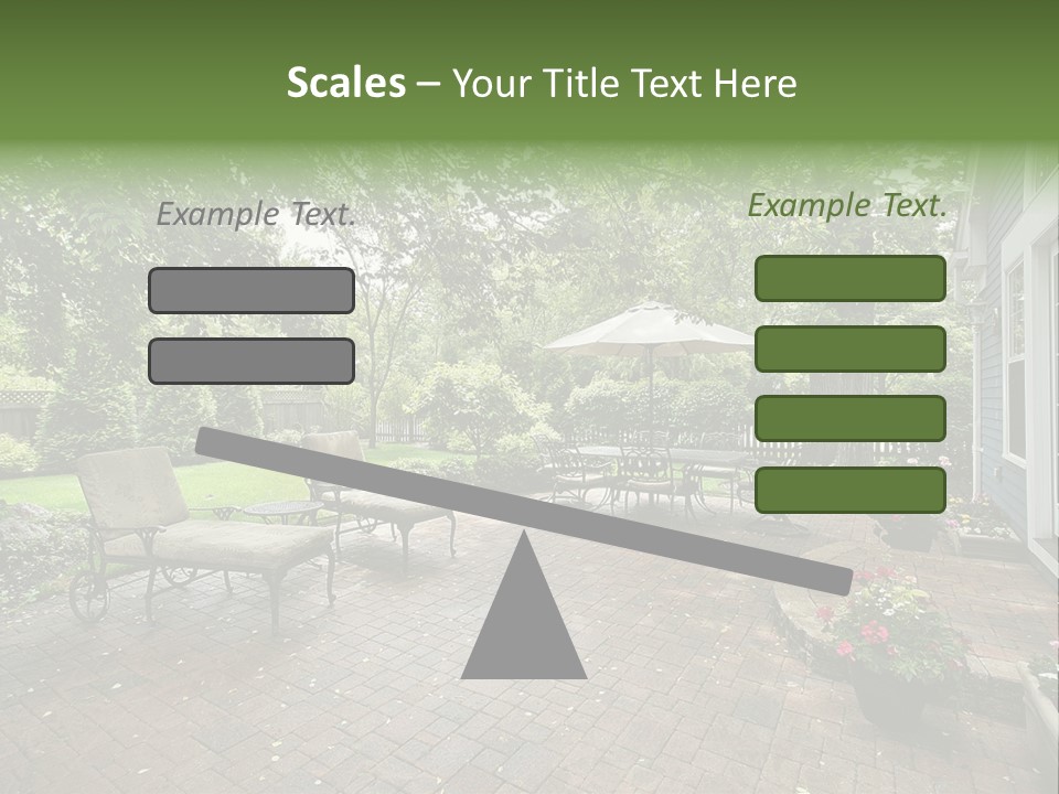 A Brick Patio With Chairs And An Umbrella PowerPoint Template