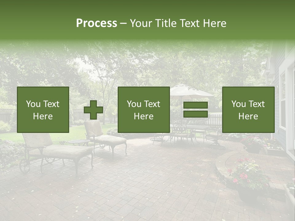 A Brick Patio With Chairs And An Umbrella PowerPoint Template