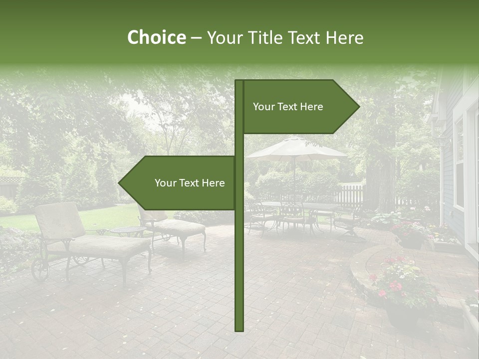 A Brick Patio With Chairs And An Umbrella PowerPoint Template