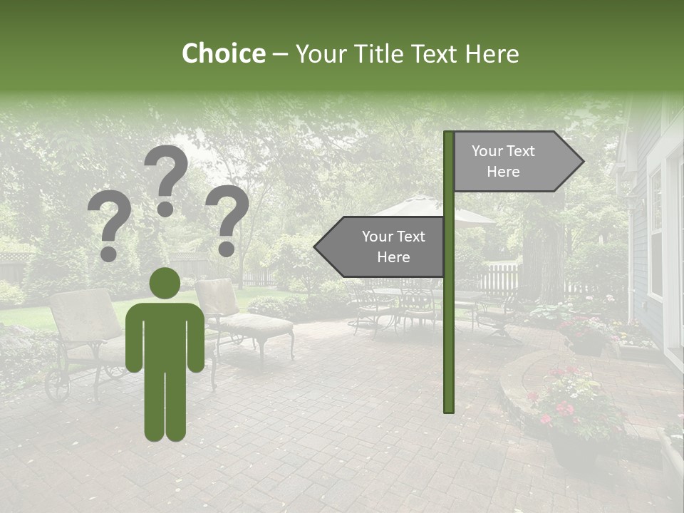 A Brick Patio With Chairs And An Umbrella PowerPoint Template