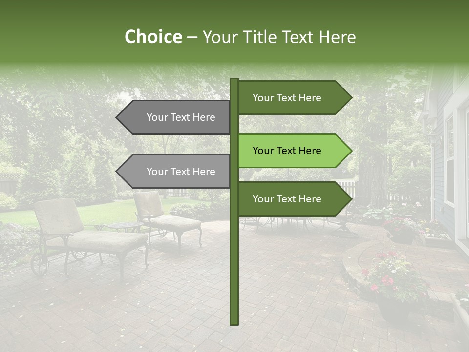 A Brick Patio With Chairs And An Umbrella PowerPoint Template