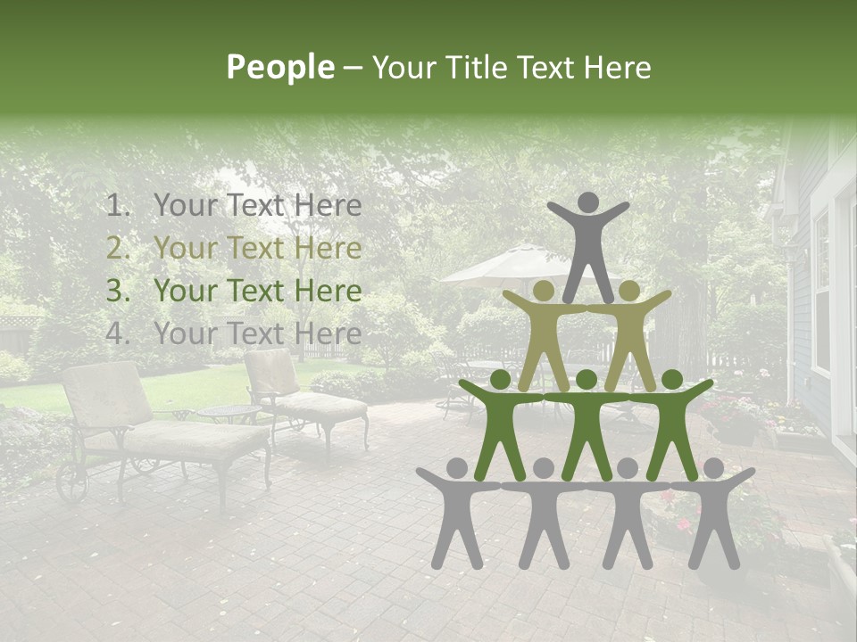 A Brick Patio With Chairs And An Umbrella PowerPoint Template
