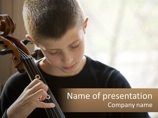 A Young Boy Playing A Violin In Front Of A Window PowerPoint Template
