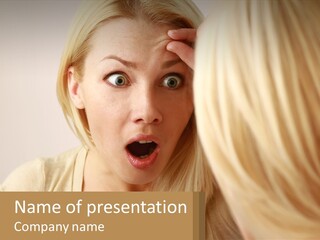 A Woman Looking At Her Own Face In Front Of A Mirror PowerPoint Template