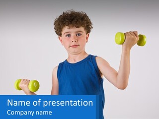 A Young Boy Is Holding Two Green Dumbs PowerPoint Template