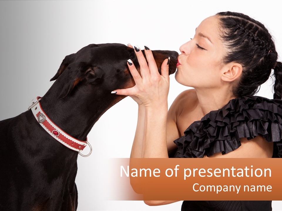 A Woman Kissing A Black Dog With A Red Collar PowerPoint Template