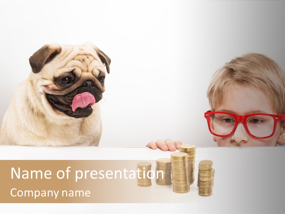 A Child And A Pug With Stacks Of Coins PowerPoint Template