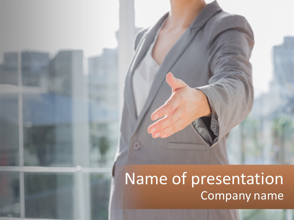 A Woman In A Business Suit Holding Out Her Hand PowerPoint Template