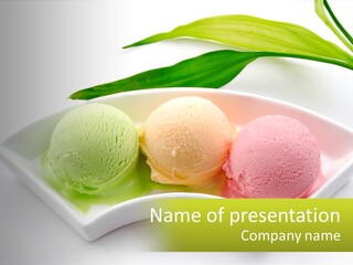 Three Scoops Of Ice Cream On A White Plate PowerPoint Template