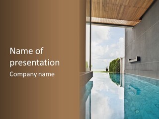 A Swimming Pool With A Wooden Ceiling And Windows PowerPoint Template