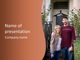 A Man And Woman Standing In Front Of A House PowerPoint Template