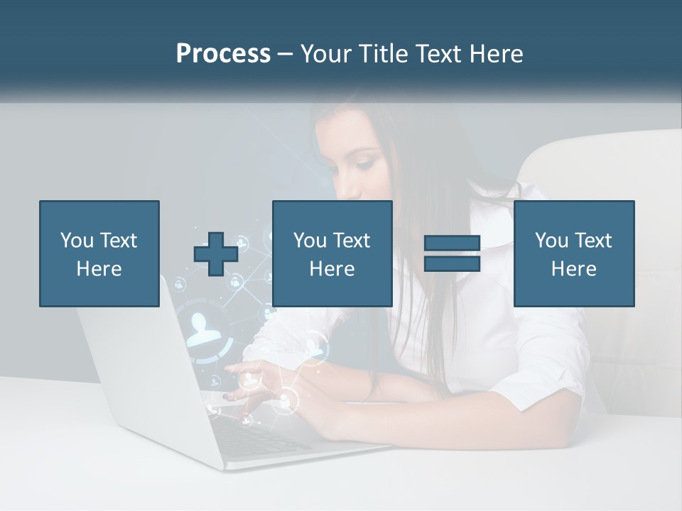 A Woman Sitting At A Desk Using A Laptop Computer PowerPoint Template