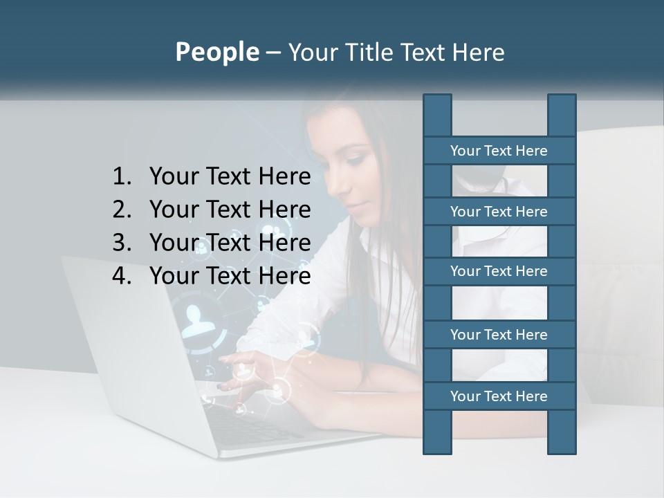 A Woman Sitting At A Desk Using A Laptop Computer PowerPoint Template
