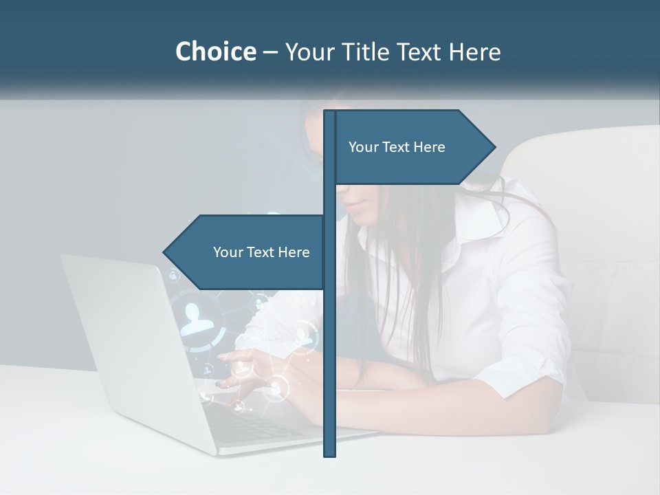 A Woman Sitting At A Desk Using A Laptop Computer PowerPoint Template