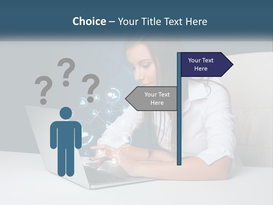 A Woman Sitting At A Desk Using A Laptop Computer PowerPoint Template