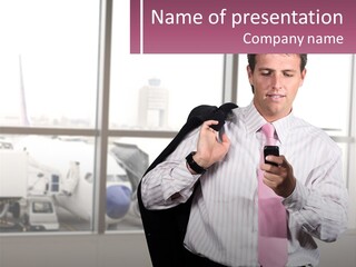 A Man Is Holding A Pink Tie And Looking At His Cell Phone PowerPoint Template