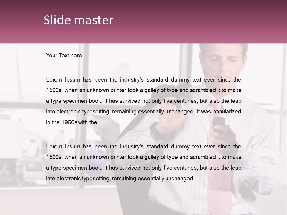 A Man Is Holding A Pink Tie And Looking At His Cell Phone PowerPoint Template