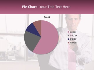 A Man Is Holding A Pink Tie And Looking At His Cell Phone PowerPoint Template