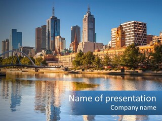 A City Skyline With A Bridge Over A River PowerPoint Template