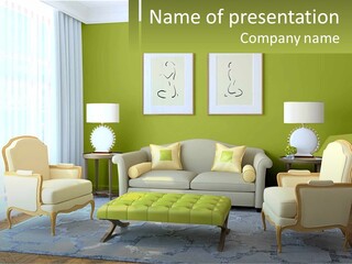 A Living Room Filled With Furniture And A Green Wall PowerPoint Template