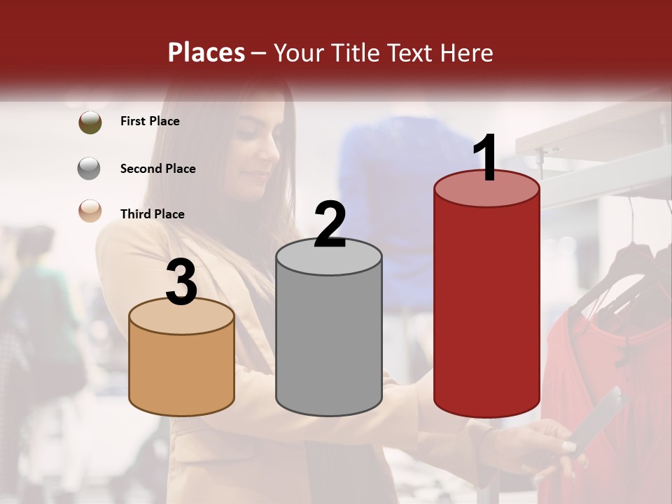 A Woman Looking At A Cell Phone In A Clothing Store PowerPoint Template