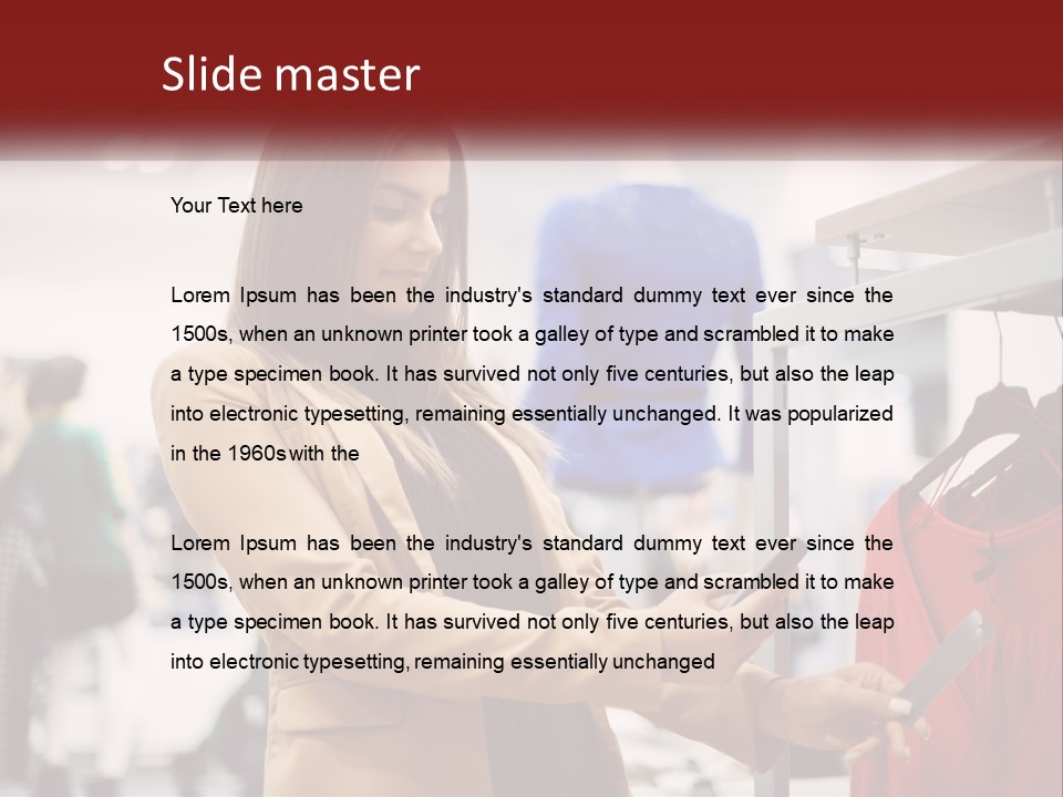 A Woman Looking At A Cell Phone In A Clothing Store PowerPoint Template