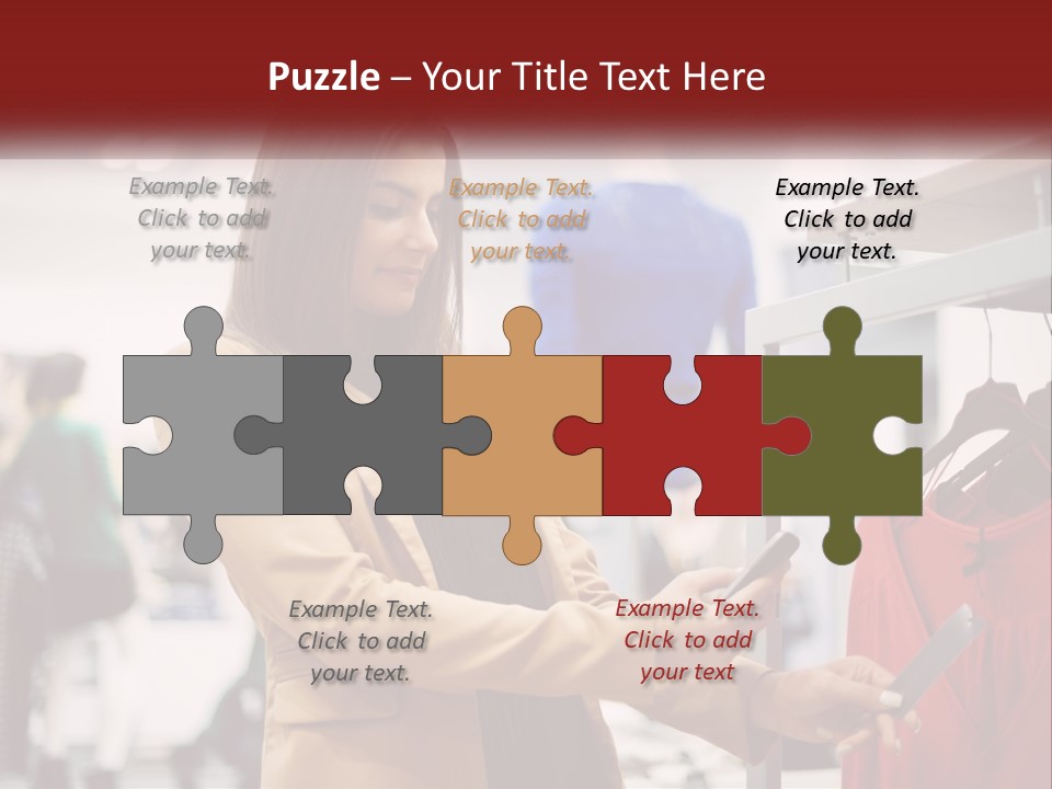 A Woman Looking At A Cell Phone In A Clothing Store PowerPoint Template