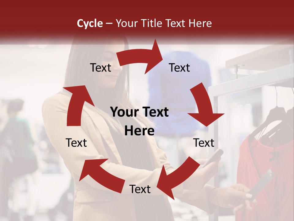 A Woman Looking At A Cell Phone In A Clothing Store PowerPoint Template