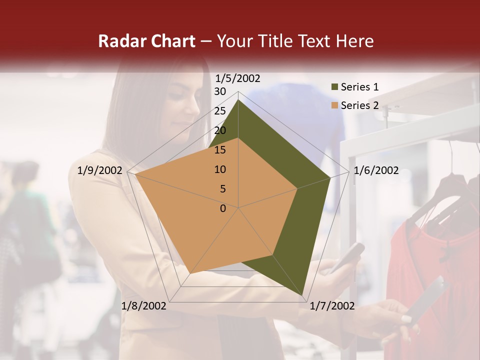 A Woman Looking At A Cell Phone In A Clothing Store PowerPoint Template