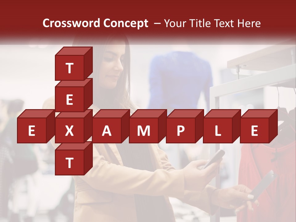 A Woman Looking At A Cell Phone In A Clothing Store PowerPoint Template