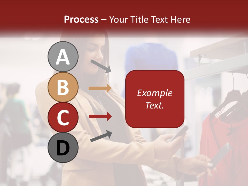 A Woman Looking At A Cell Phone In A Clothing Store PowerPoint Template
