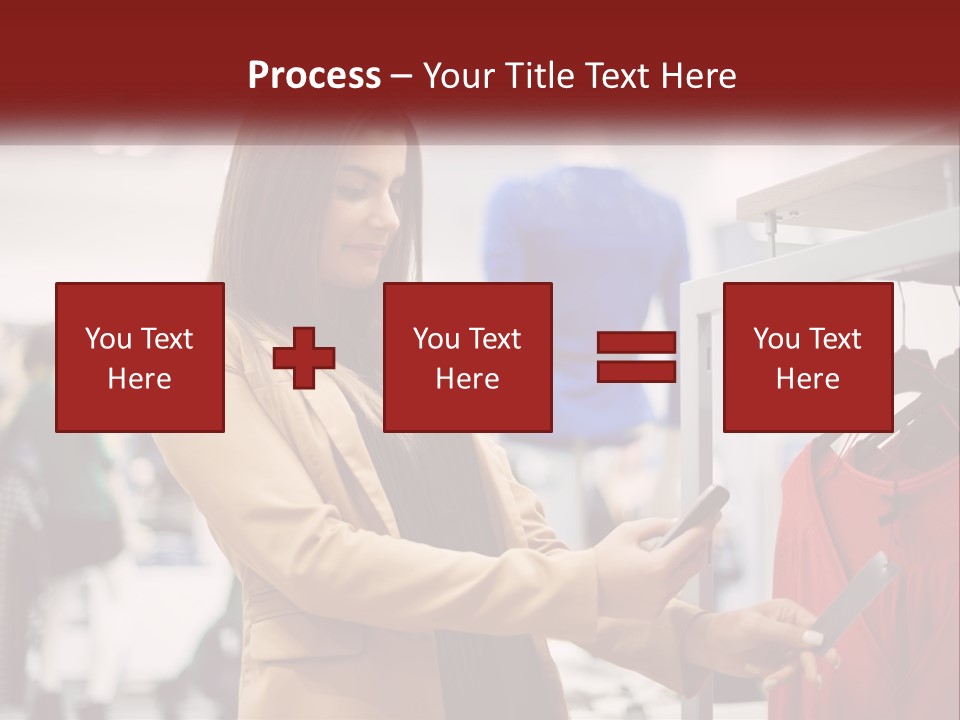 A Woman Looking At A Cell Phone In A Clothing Store PowerPoint Template