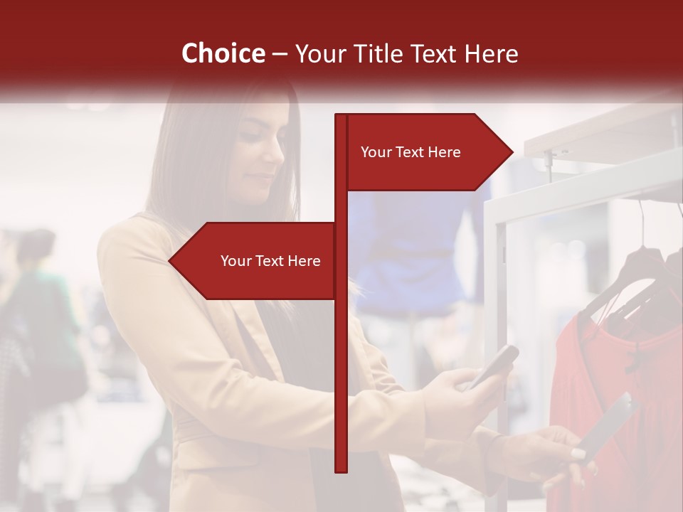 A Woman Looking At A Cell Phone In A Clothing Store PowerPoint Template